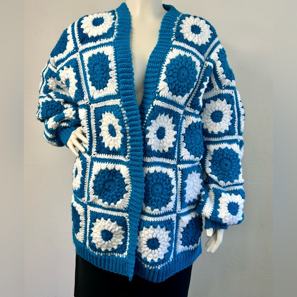 Handmade Granny Square Crochet Open Front Cardigan sz XL / XXL